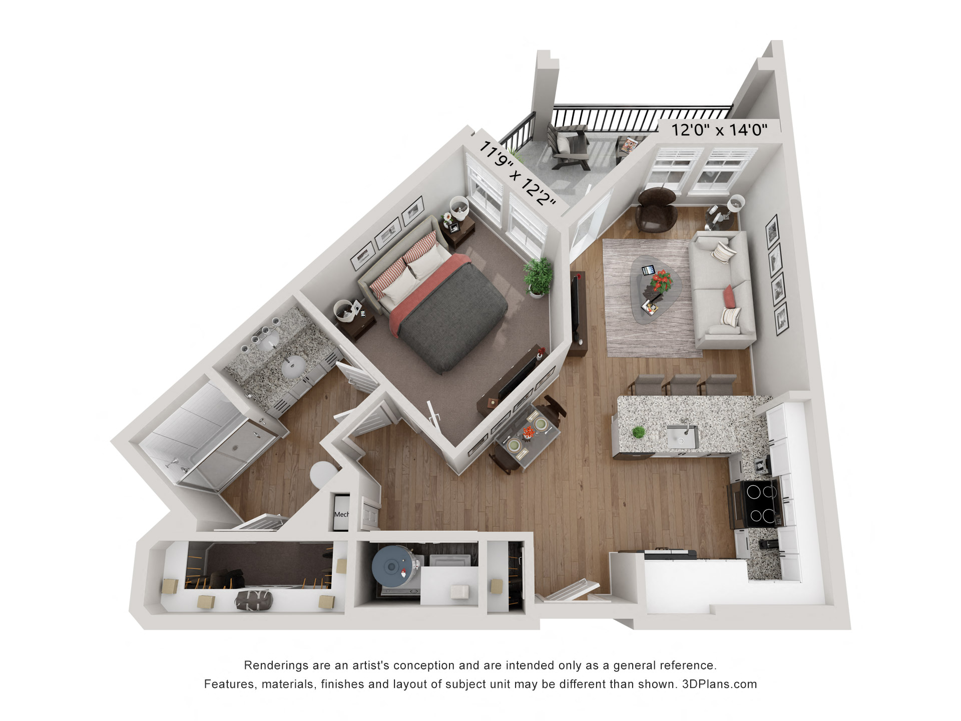 Floor plan for 1 bed, 1 bath, 667 sqft
